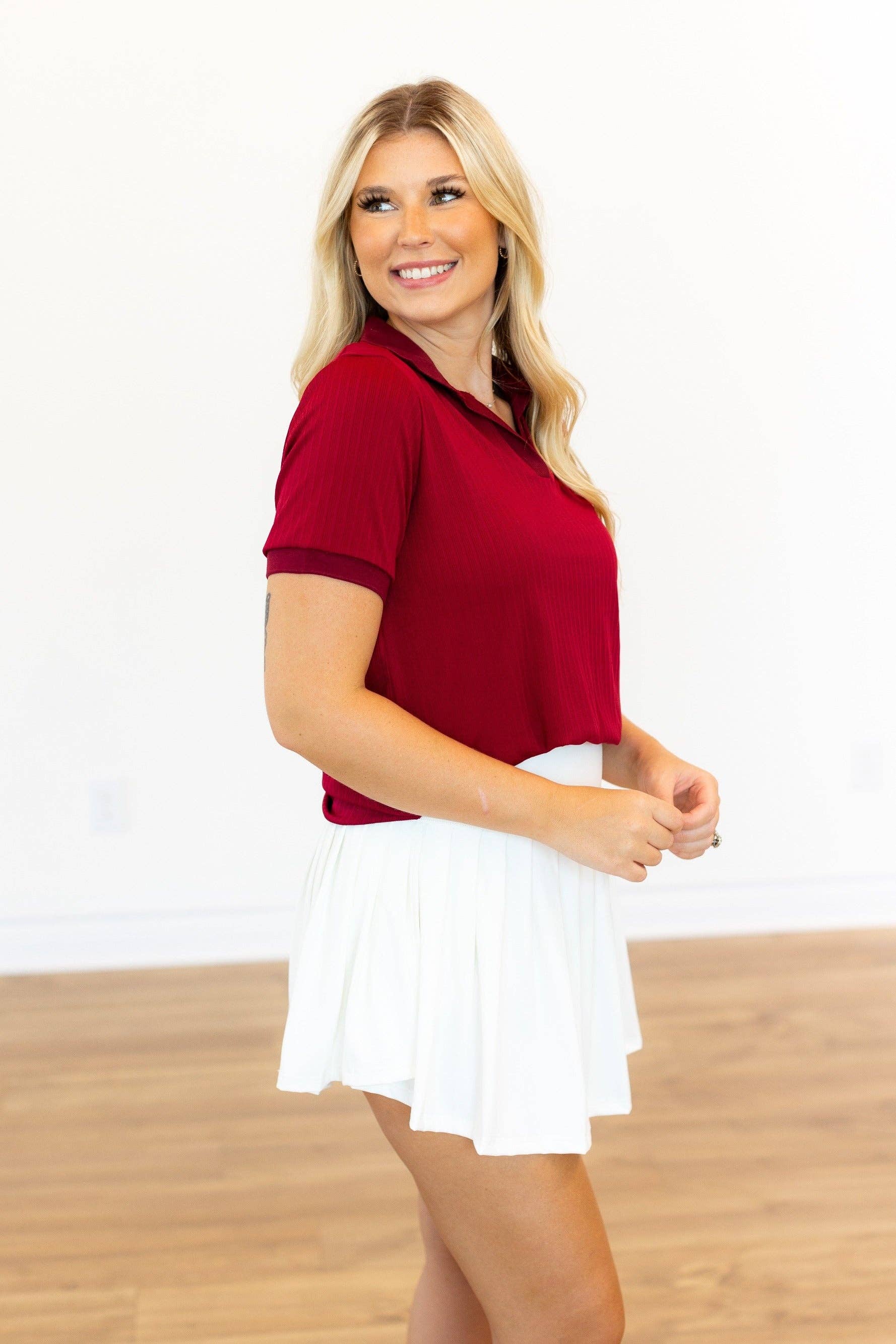 Red Rib Knit Polo Top, Maroon for wholesale on Faire3