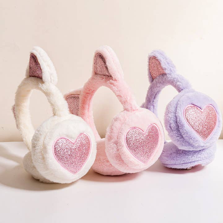 Children's Glitter Heart Cat Ears earmuffs for wholesale by Little Trendy
