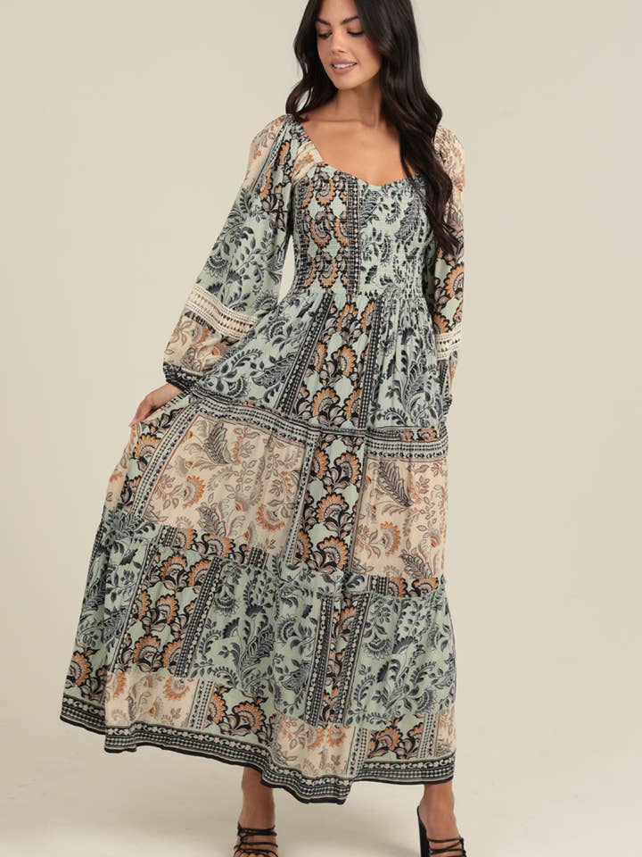 C4626-A908 SWEETHEART NECK SMOCKED BODICE LACE TRIM MAXI for wholesale by ANGIE