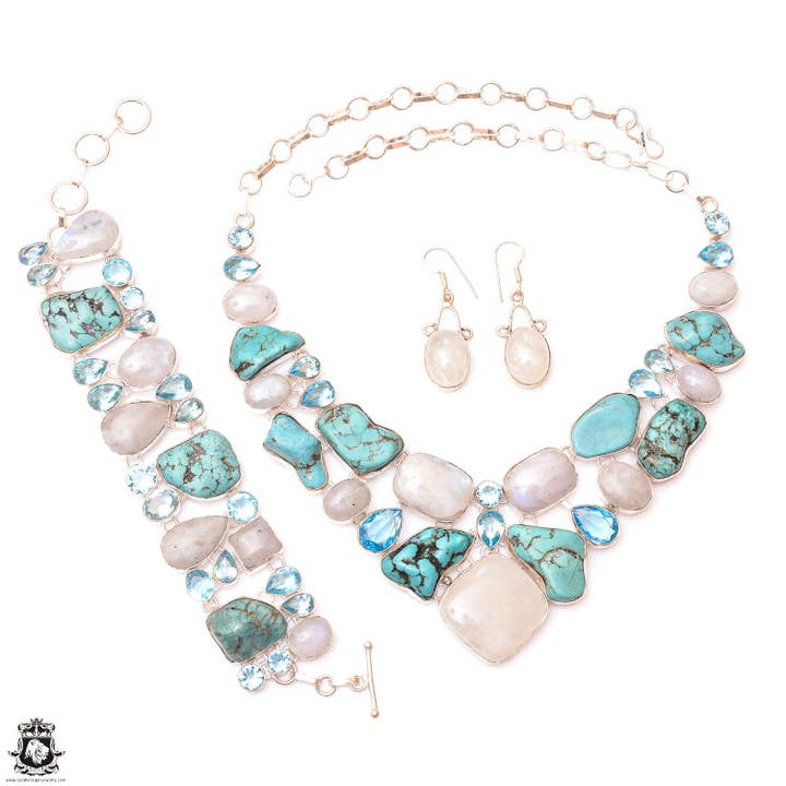 Ensemble de boucles d'oreilles et de colliers en argent Blue Ridge Turquoise Nugget SET1221 pour la vente par SARAH DESIGNS JEWELRY