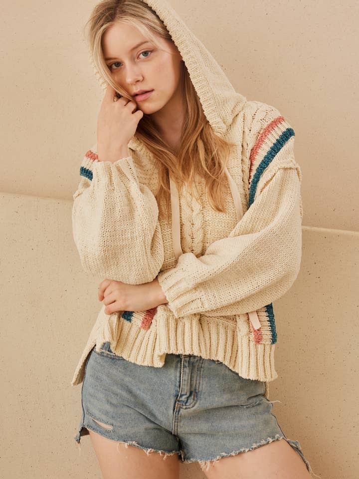 Hooded Hi Lo Sweater with Color Stripes for wholesale by Mello.