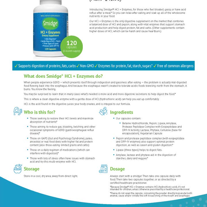 Smidge - Wholesale Oral Supplement/Vitamin - HCl + Enzymes