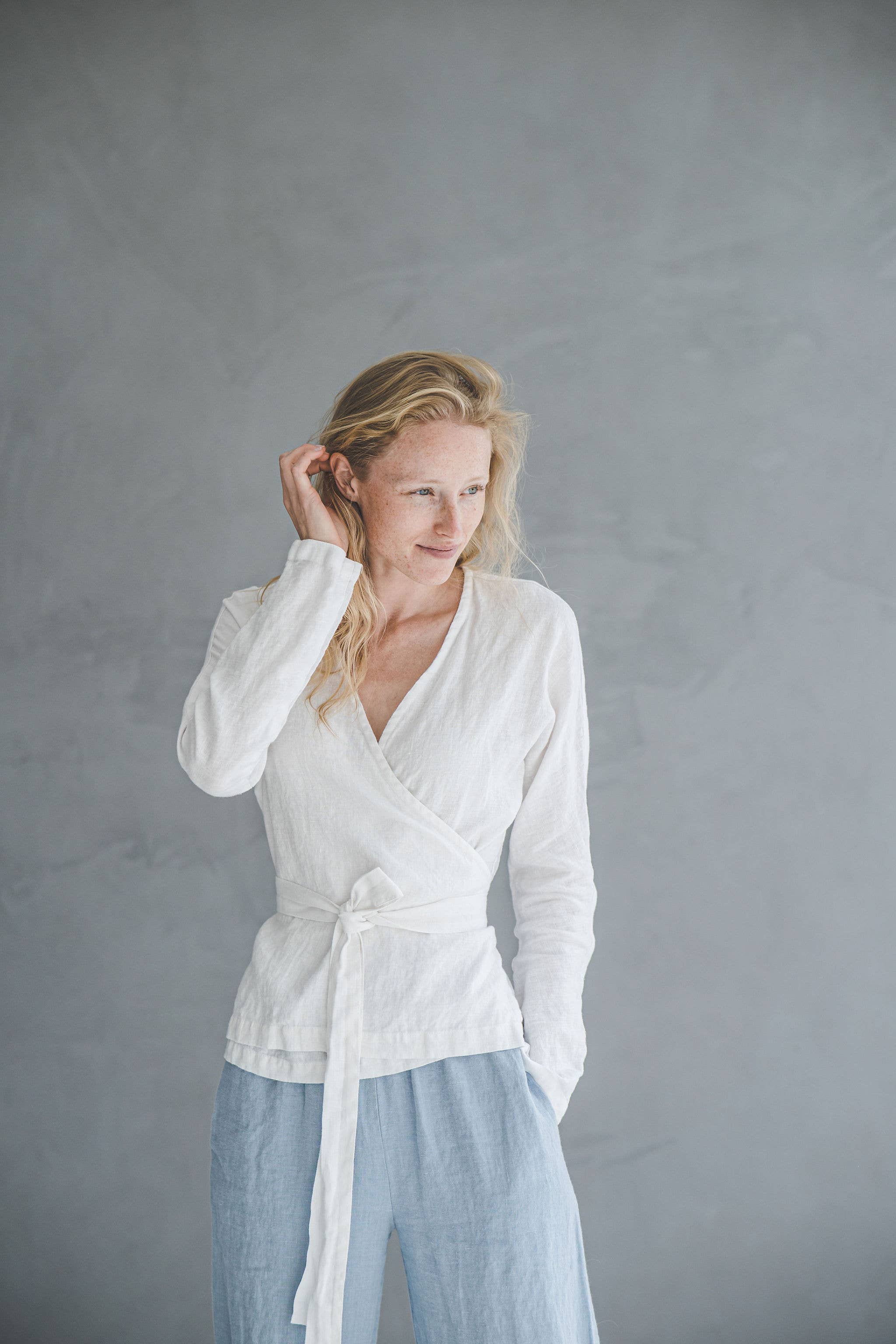Epic Linen - Wholesale Blouse - Women's - Linen Wrap Blouse, Long Sleeve Top0