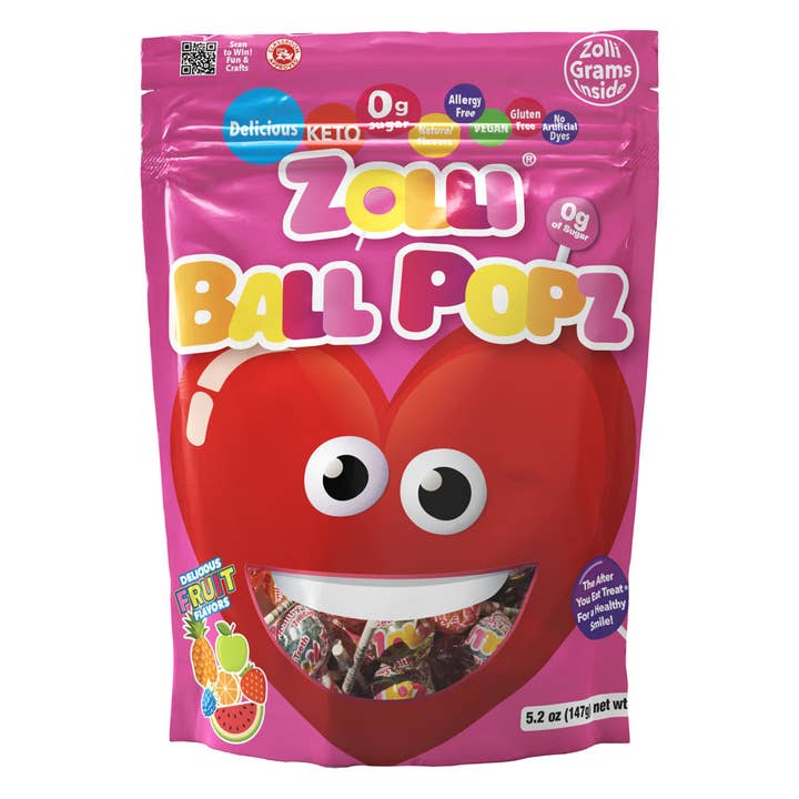 Valentine Heart Zolli Popz Assorted Fruit 5.2oz Pouch for wholesale by Zolli Candy, The Clean Teeth Candy