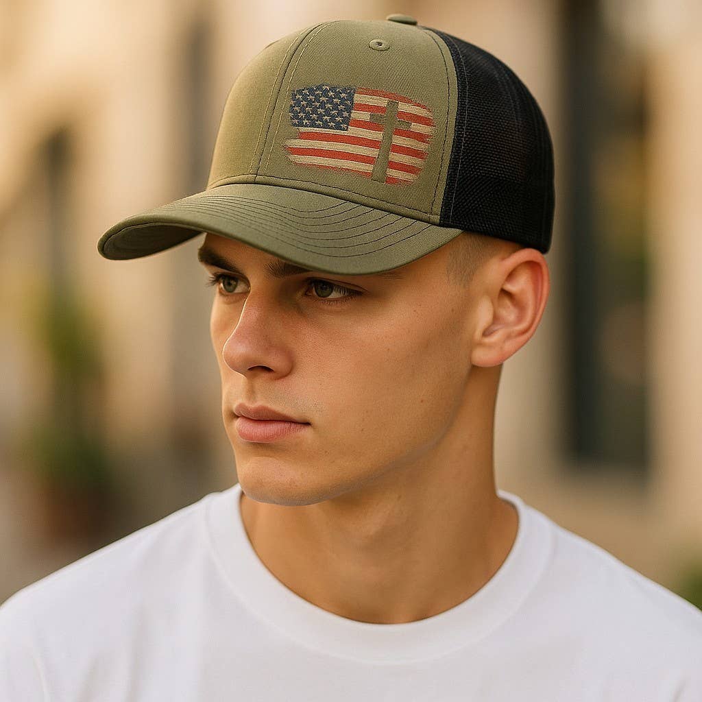 Handmadeohio - Wholesale Trucker Hat - Men's - Richardson 112 Snapback Hat, Olive Drab American flag Cross0