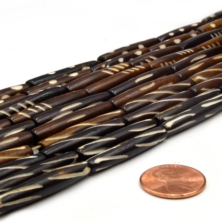 Carved Ox Bone Tube Beads | Medium Brown Dark Brown for wholesale by Only Beads