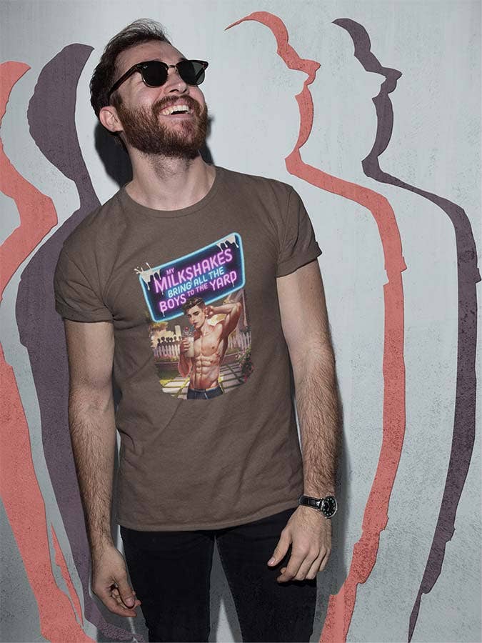 Brown My Milkshakes Bring All the Boys to the Yard LGBTQ Pride Tee for wholesale on Faire