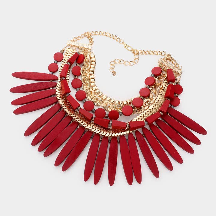 Sensibling Corp. - Wholesale Bib necklace - Wooden Spike Accented Metal Chain Layered Bib Necklace5