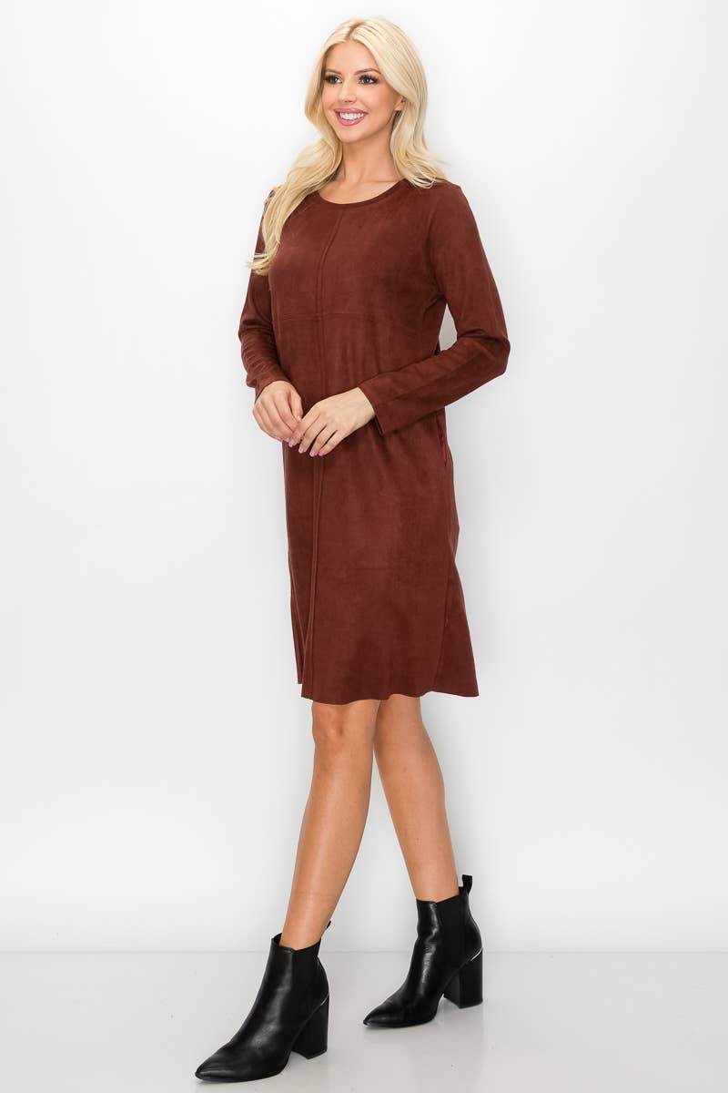 Joh Apparel - Vendita all'ingrosso Vestito - Donna - Abito con scollo rotondo in pelle scamosciata elasticizzata Aurora senza tasche21