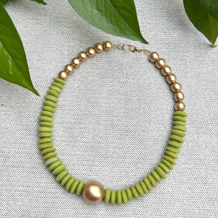 April Mae Designs - Wholesale Beaded/Pearl Necklace - Lime green and gold beaded statement necklace