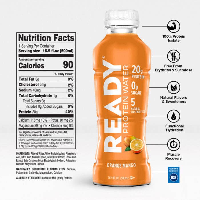 Ready - Wholesale Sports/Energy Drink - Ready® Protein Water - Orange Mango (16.9oz, 12 pack)