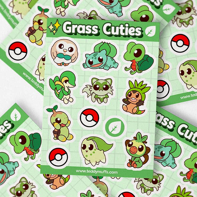 Type d'herbe | Pokemon Starters | Feuille d'autocollants pour la vente par Teddymuffs Designs
