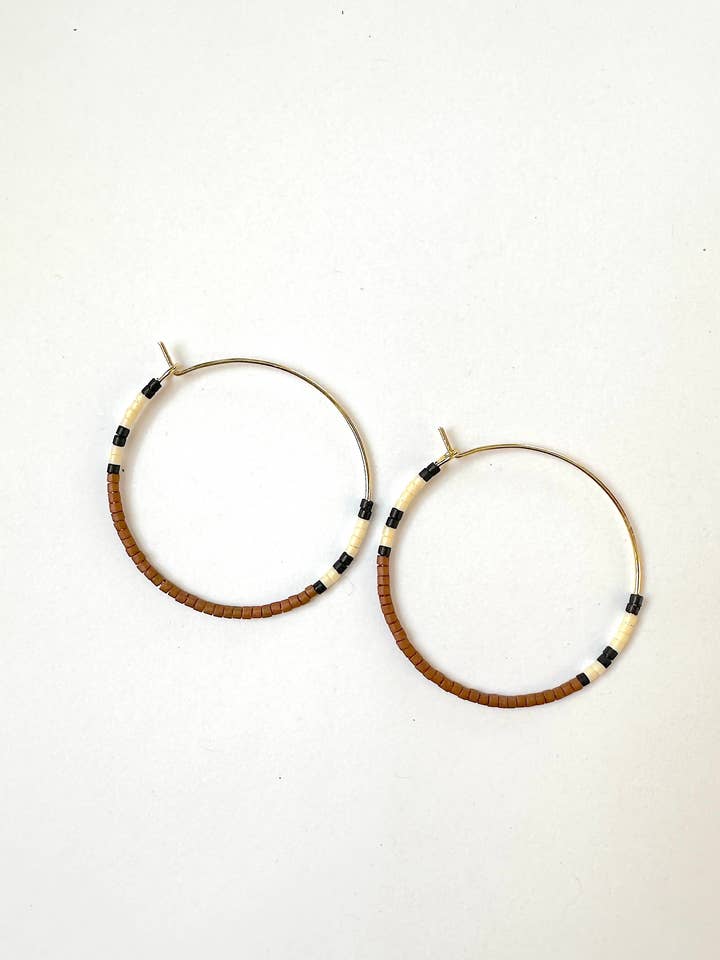 Beaded Hoop Earrings - Burnt Sienna, black and white for wholesale by Found & Feral