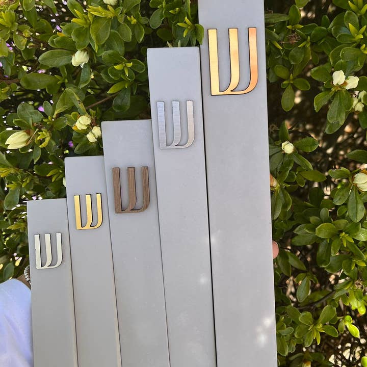 Modern Grey Concrete Mezuzah Case With Shin for wholesale by A&S Mezuzot