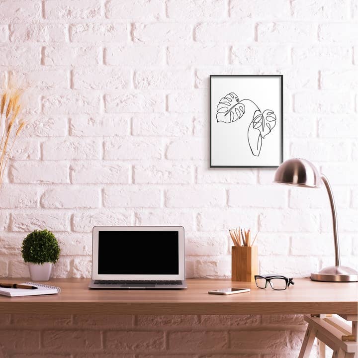 Stupell Industries - Wholesale Kunstprint - Monstera planten in vaas enkele lijn tekening zwart ingelijste kunst