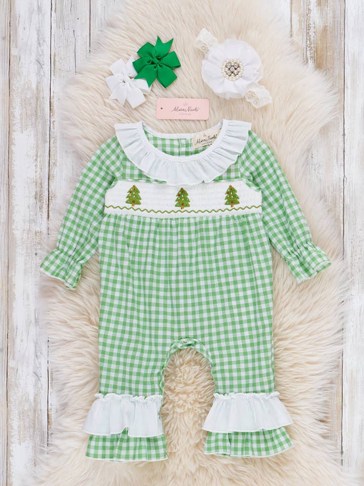 Evergreen Gingham Smocked Ruffle Romper for wholesale by Marie Nicole Clothing