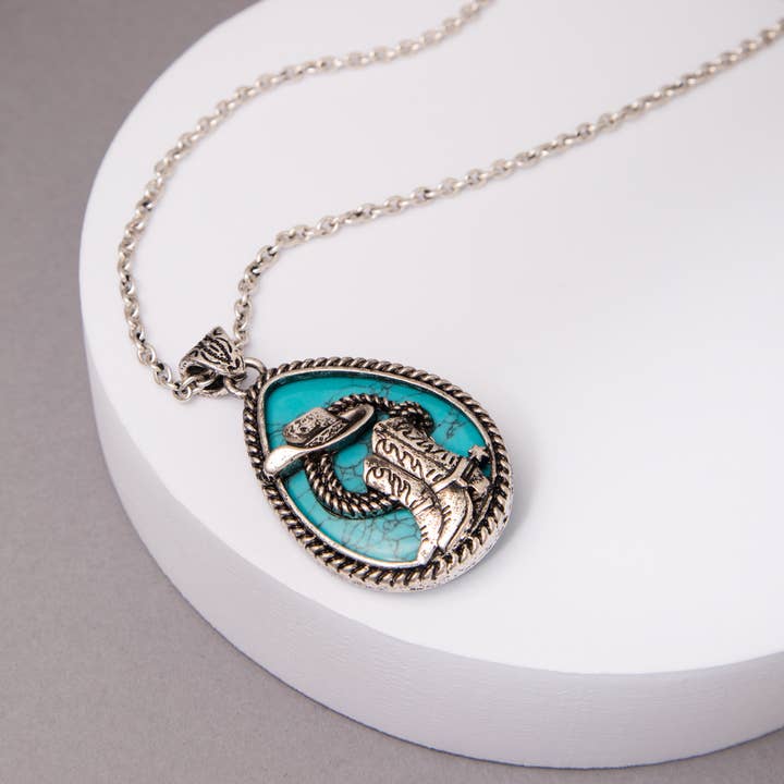SP Sophia Collection - Wholesale Pendant/Charm Necklace - Western Turquoise Hat & Boot Teardrop Pendant Necklace