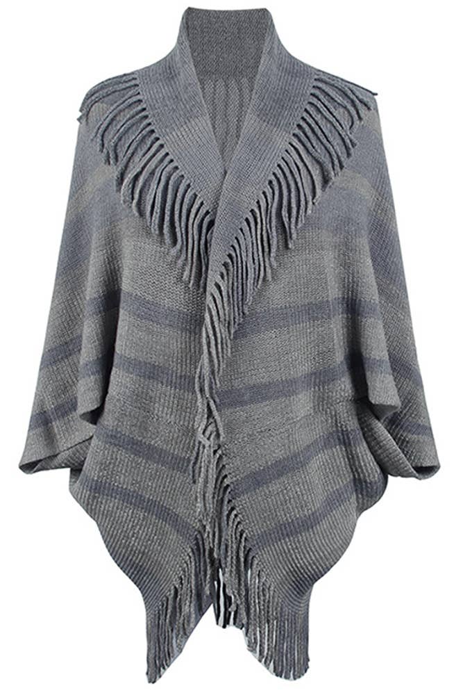 UNISHE – Großhandel Strickjacke – Damen – Gestreifter Strickpulli mit Quasten und offenem Umhang MMY1546