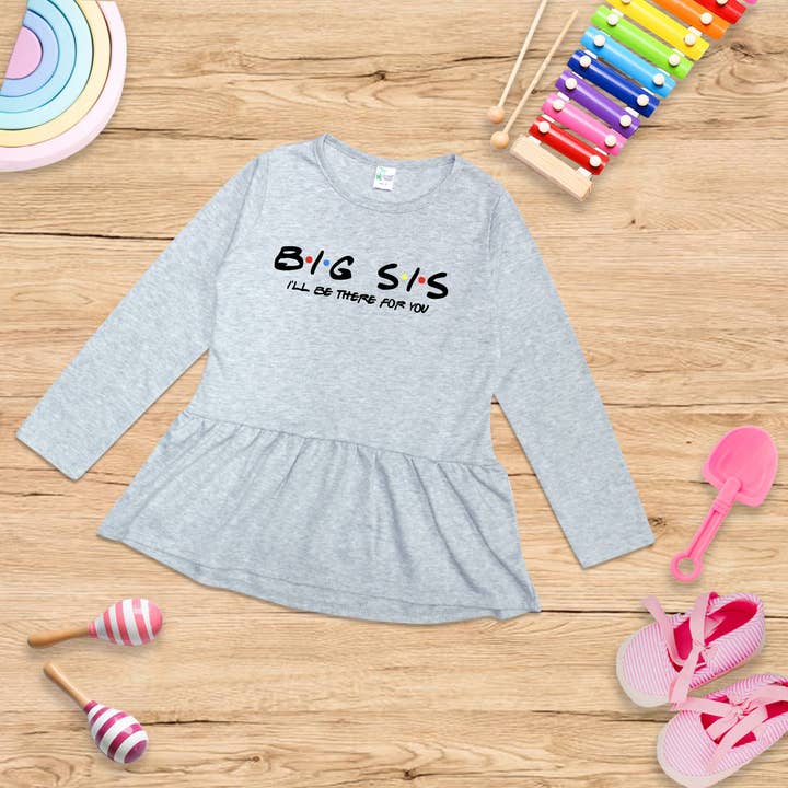 « Big Sis » — Haut à basque gris chiné pour fille pour la vente par ImprintKidsClothing
