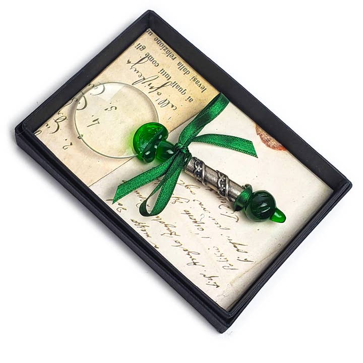 GreenMurano Glass Magnifier with Pewter detailing-Gift-Boxed for wholesale by Freund Mayer & Co.