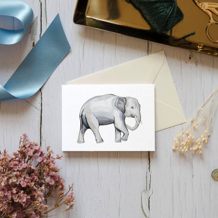 Mini Elephant Watercolour Sustainable Greetings Card for wholesale by Sophie Brabbins