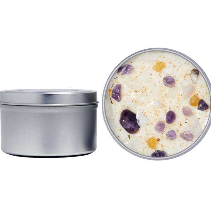 New Moon Beginnings - Wholesale Travel Candles - Crystals & Herb Energy Candles 8oz Tin Soy Candles Handmade21