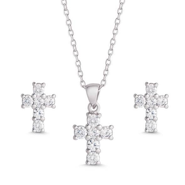 CZ Cross Pendant And Stud Earrings Set In Sterling Silver for wholesale by Lily Nily