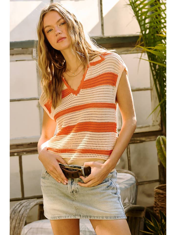 GESTREIFTER HÄKEL-PICOT-KRAGEN-STRICKPULLOVER-TOP für den Großhandel von mittoshop