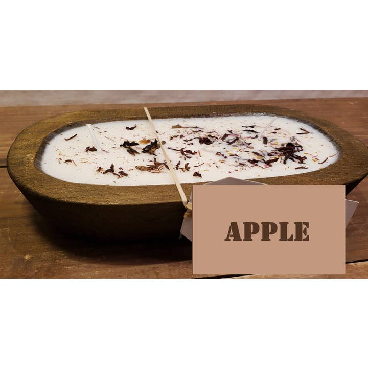 Wooden Dough Bowl Soy Candle with dried flowers, Apple for wholesale by Abnormal Creations