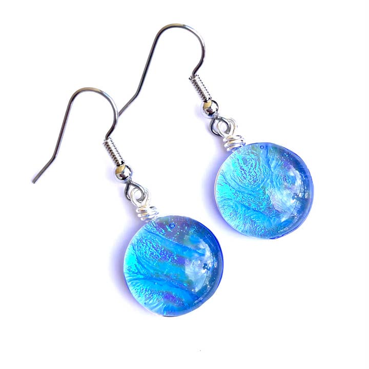 Round Dichroic Glass Earrings - Blue Jeans (New Colour) for wholesale by Flame Work Designs - Glass Jewelry