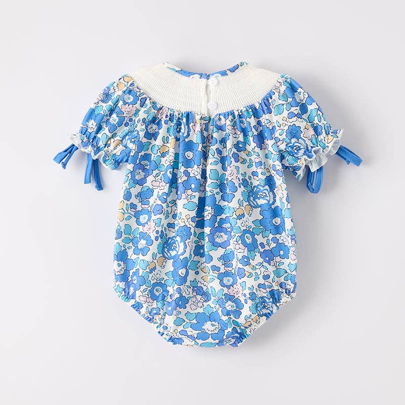 Auraquise - Wholesale Bodysuit (Non-Footed) - Baby - Baby Girls "JESUS LOVES ME" Blue Floral Smocked Embroidery Romper1
