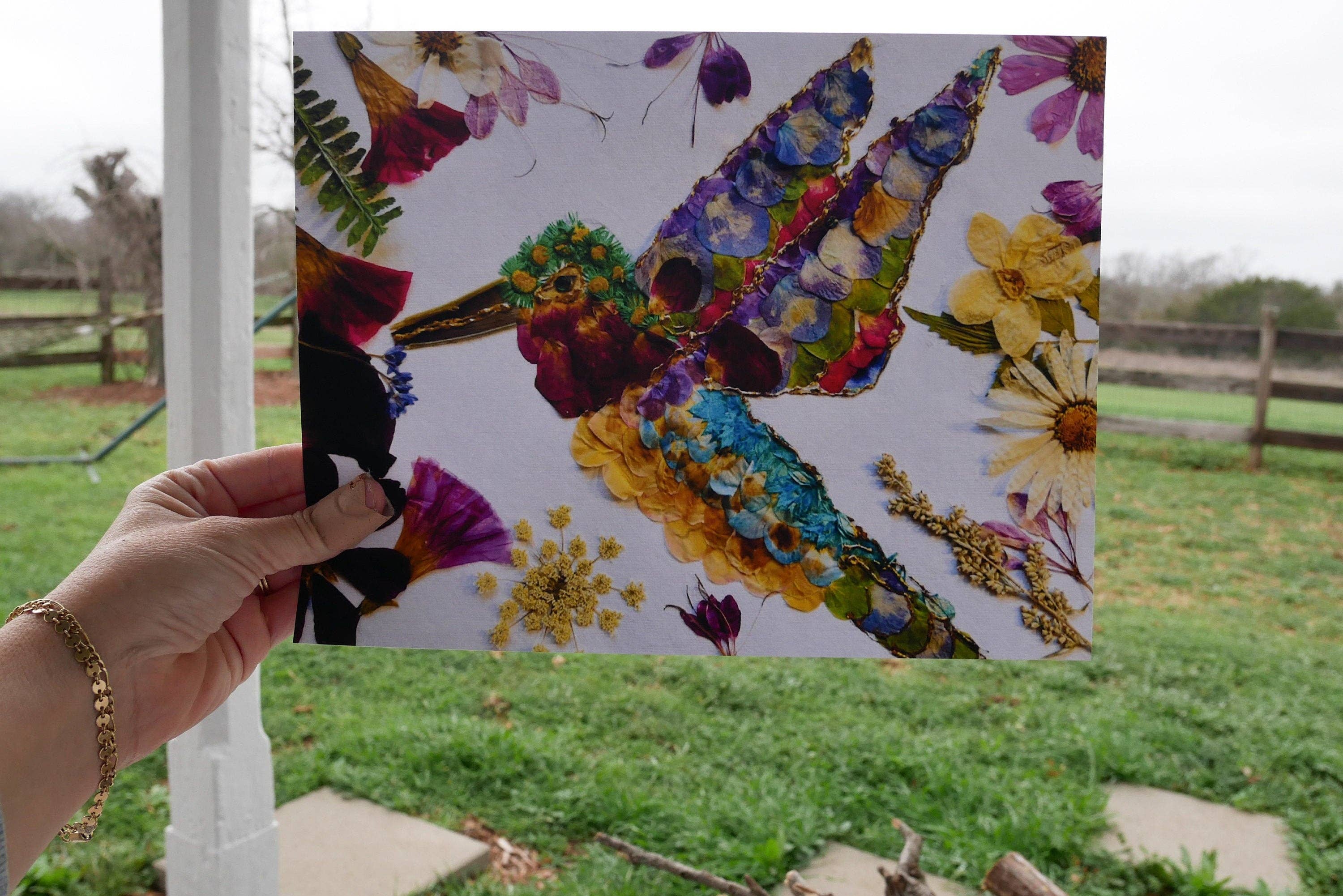 Remedy Designs - Venta al por mayor Tarjetas de felicitación - Tarjeta de felicitación con colibrí de flores prensadas, impresión de arte con flores reales4