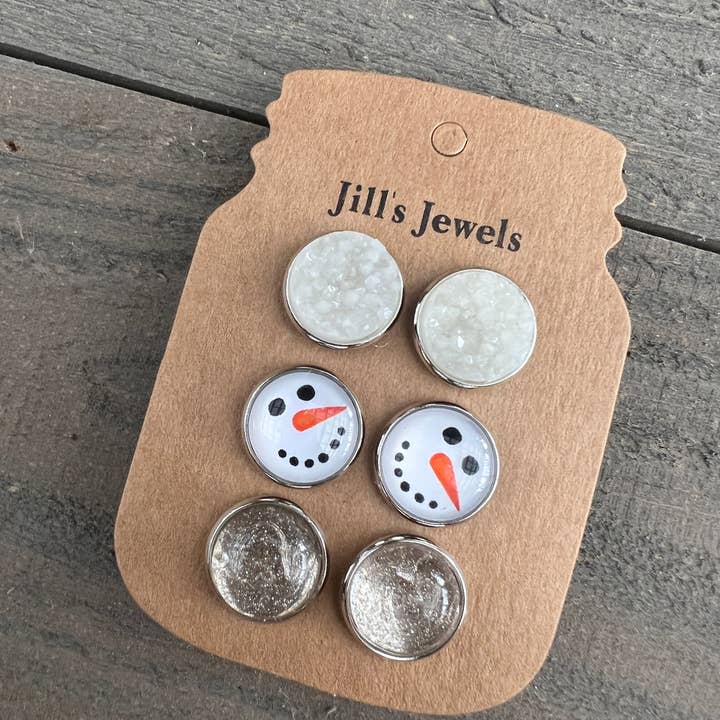Snowman Trio Faux Druzy 3 Earrings set for wholesale by Jill's Jewels