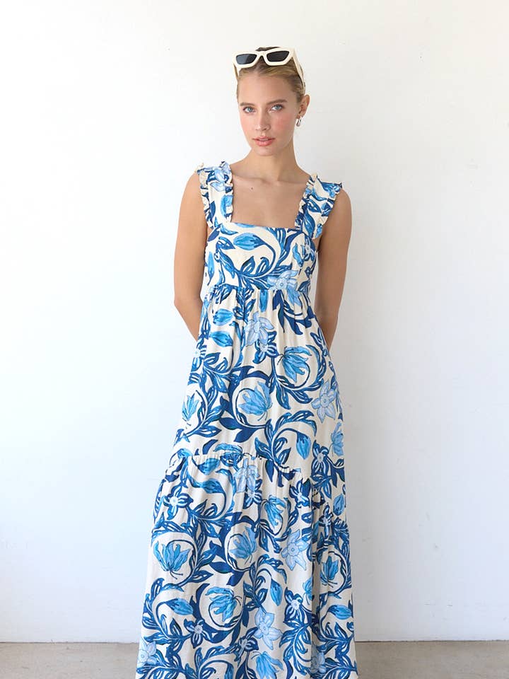 BLUE FLOWER PRINTED MAXI DRESS WITH BACK SMOCKING - RD1154 for wholesale on Faire