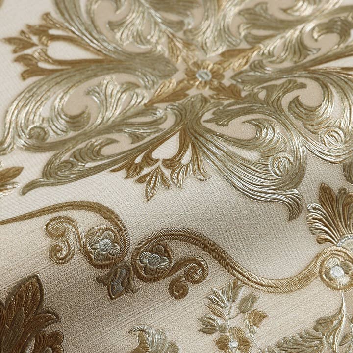Luxury Gold Damask Embossed Wallpaper, Rich Textured Wallpaper, Extra Wide 114 sq ft Roll, Shimmering Wall Paper, Washable Wall Covering for wholesale by Walloro Luxury Embossed Wallpaper