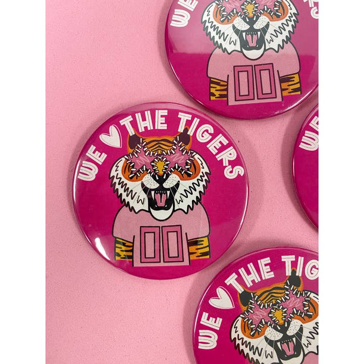 Rush: Greek Gifts - Wholesale Lapel Pin/Button - We Love The Tigers Pink Button3