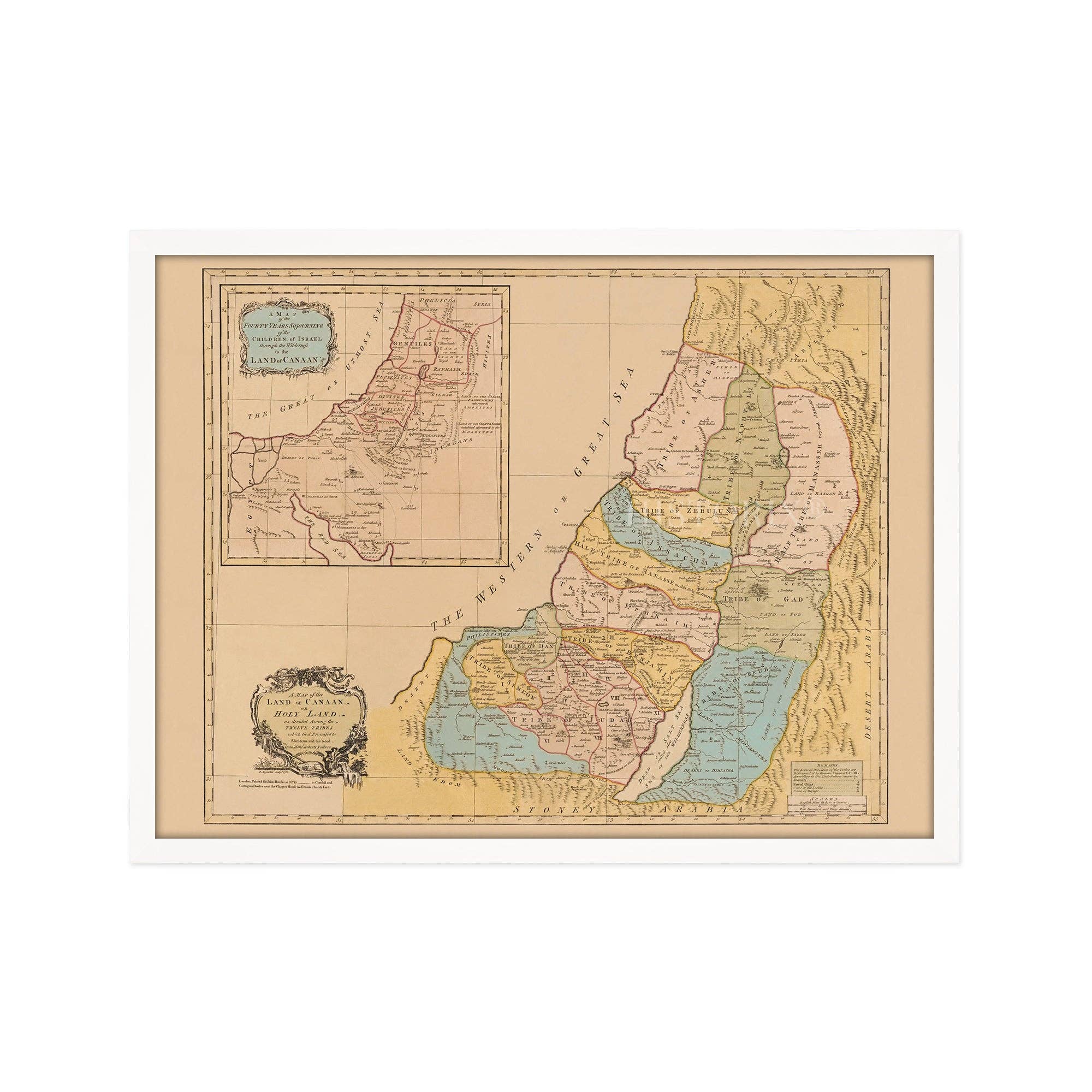 Historic Prints - Wholesale Map - 1760 Land of Canaan Palestine Map - Framed Vintage Holy Land Map Poster - Map of the Holy Land Divided Among Twelve Tribes God Promised To Abraham6