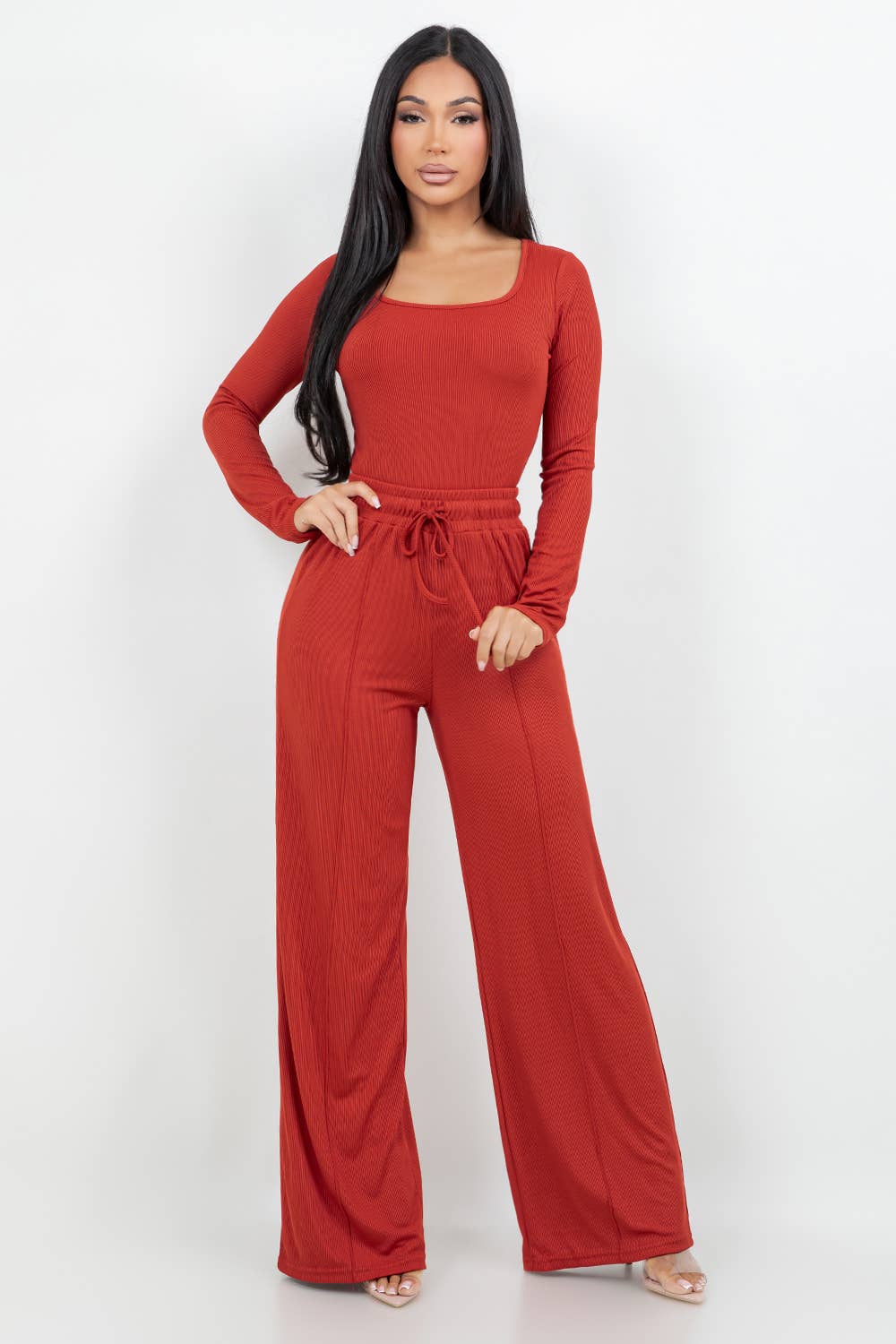 Color 5 - Wholesale Top & Pant Set (NOT Loungewear) - Women's - Long sleeve slinky bodysuit with matching flare pants set 4