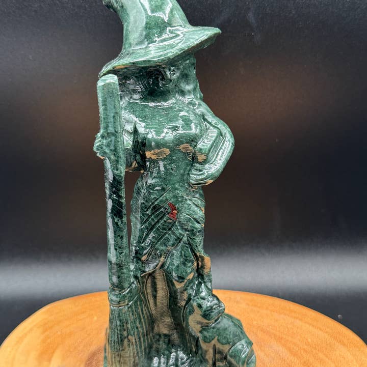 Large 8" Jasper witch w/ broom & cat carving H274 for wholesale by The 7 Directions