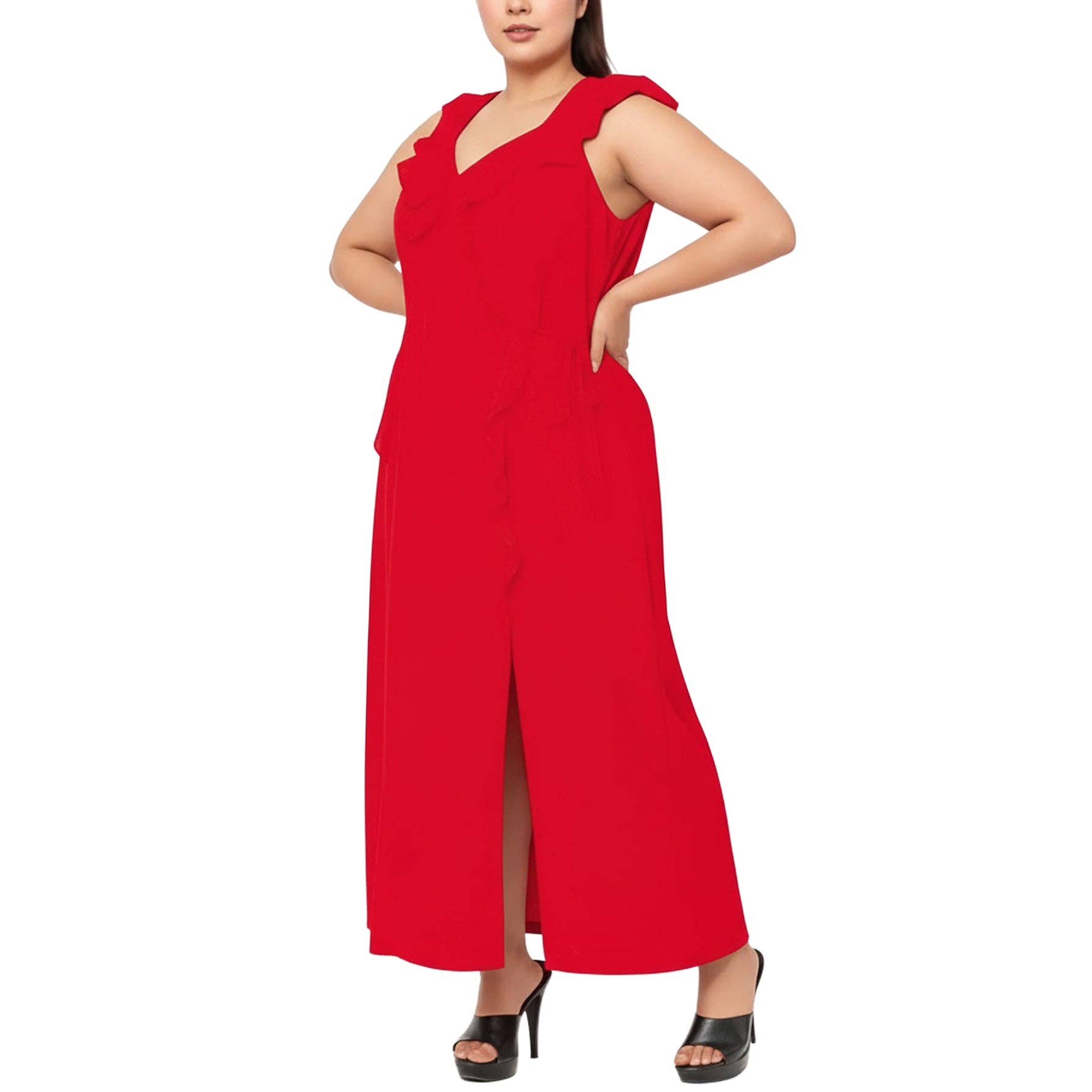 Nurode's Plus Size Ruffle Trim Wrapped Maxi Dress in Red for wholesale on Faire3