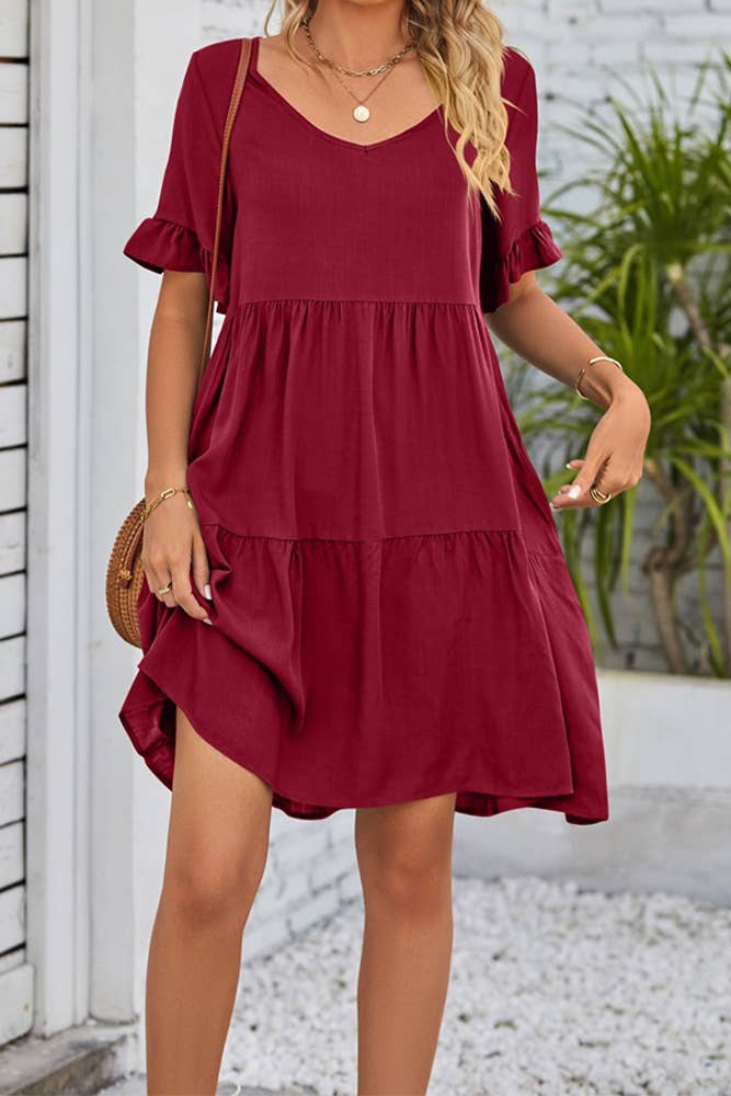 UNISHE - Vendita all'ingrosso Vestito - Donna - Abito A Balze Con Volant Con Scollo A V Semplice E Tasche MD0388