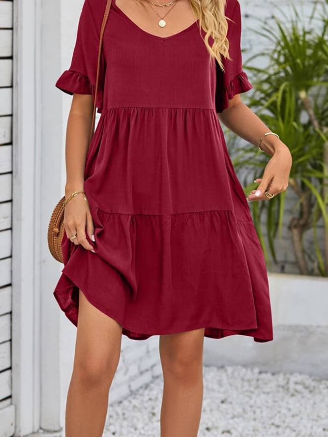 UNISHE - Vendita all'ingrosso Vestito - Donna - Abito A Balze Con Volant Con Scollo A V Semplice E Tasche MD0388