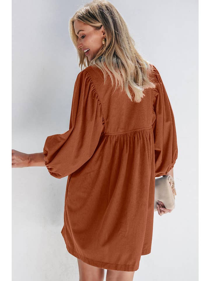 PRETTY BASH - Wholesale Dress - Women's - Solid Corduroy 3/4 Sleeve Snap Button Dress9