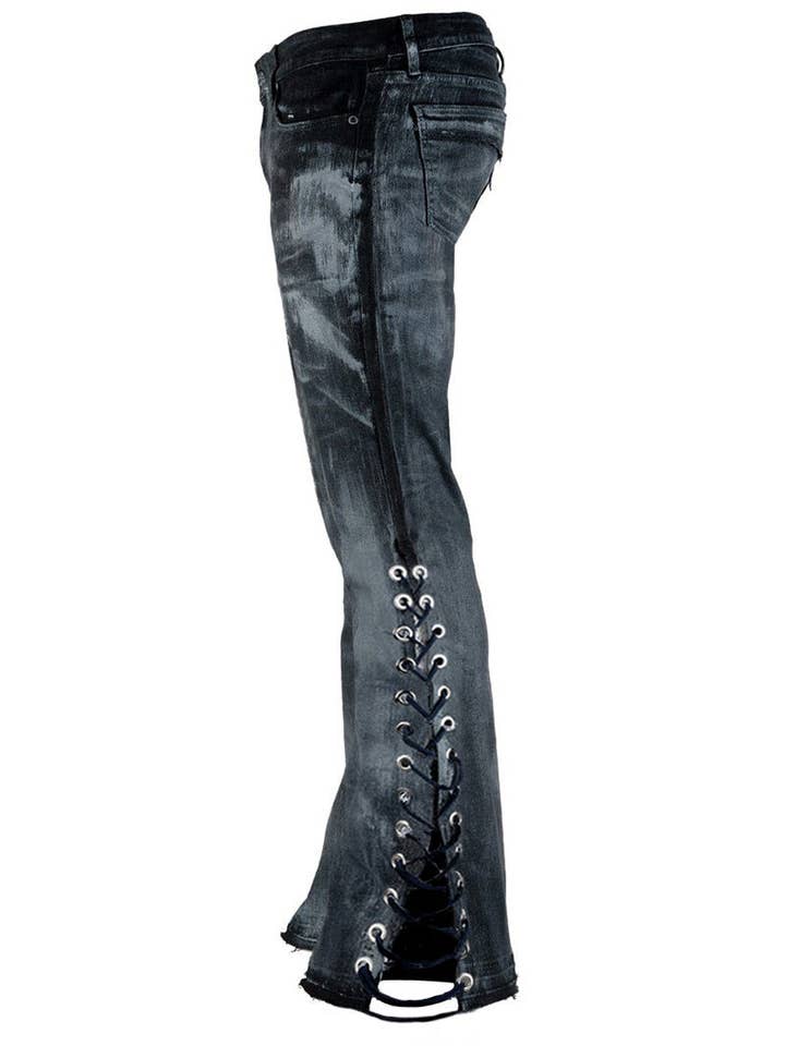 Blå Tvättade sidan snörning utsvängda jeans för wholesale på Faire