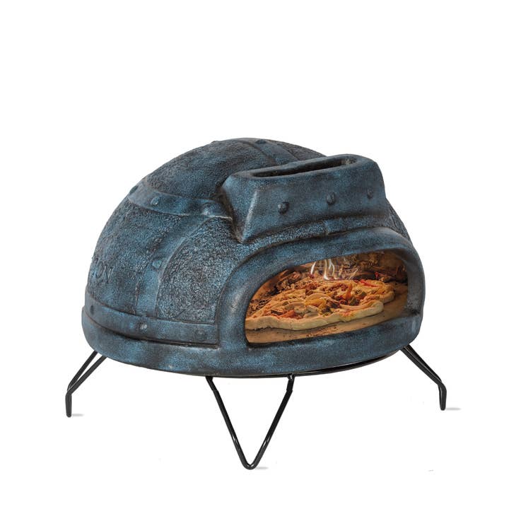Best Life Patio - Wholesale Outdoor Grill Tools - Handcrafted Blue Collection Clay Pizza Oven with Iron Stand