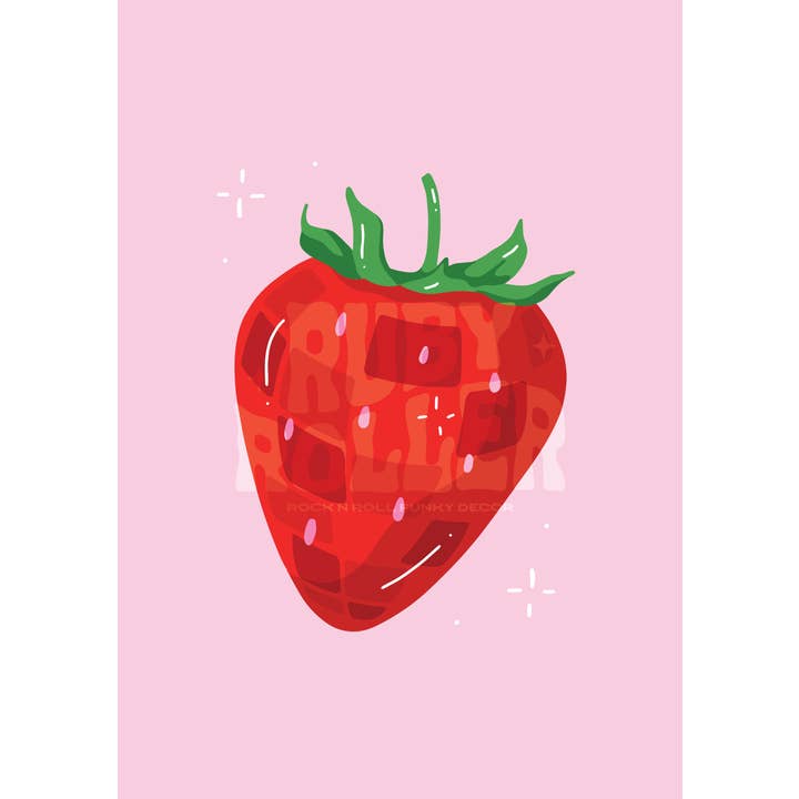 Ruby Roller Art - Wholesale Art Print - 60s 70s Groovy Retro Strawberry Disco Ball Fruit Art Print