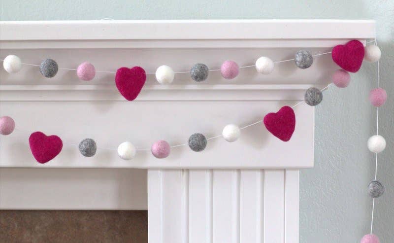Matthew + Mae - Wholesale Bunting/Garland - Valentine's Day Garland- Pinks Gray White Felt Balls, Hearts7