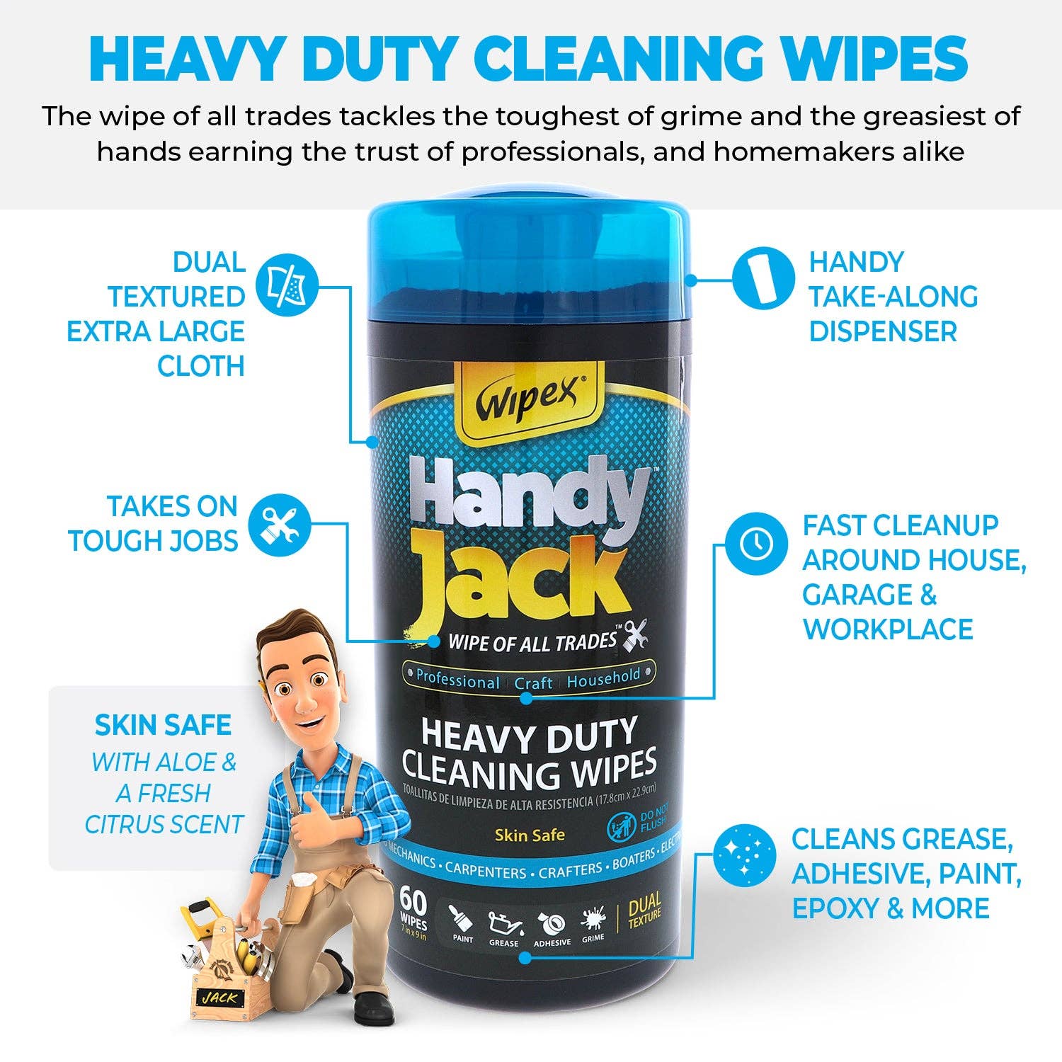 Wipex - Wholesale Cleaning Cloth - Handy Jack Heavy Duty Cleaning Wipes 60ct Canister1
