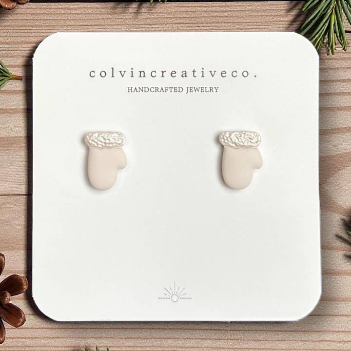 Handmade Mitten Stud Earrings | Polymer Clay Winter Jewelry for wholesale by colvincreativeco.
