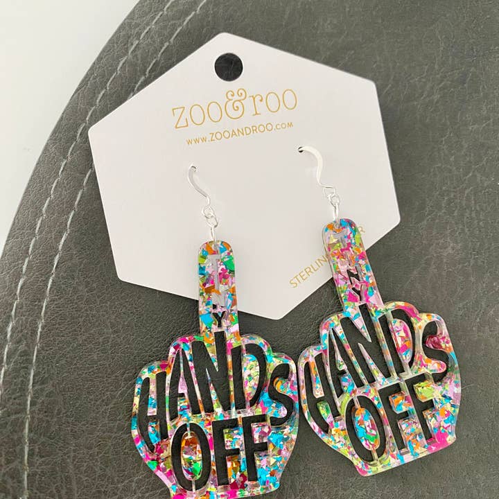 zoo&roo - Wholesale Dangle Earrings - Tiny Hands Off Middle Finger Rainbow Glitter Earrings1